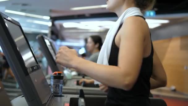 Jeune femme faisant de l'exercice sur tapis roulant au club de sport de remise en forme — Video