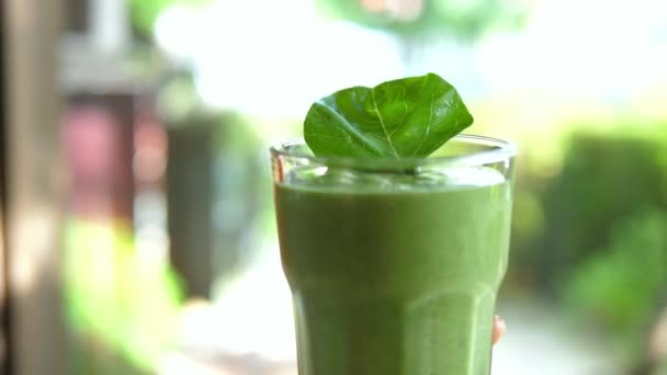 Стекло зеленого коктейля со шпинатом в руке для здорового завтрака — стоковое видео