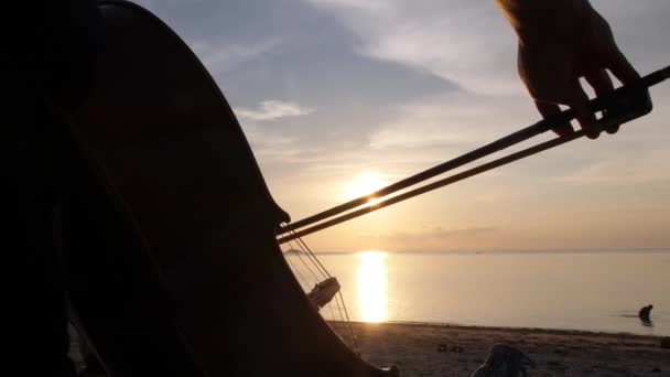 Muzyk grający kontrabas o zachodzie słońca na plaży — Wideo stockowe