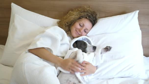 Linda chica y su perro acostado en la cama — Vídeos de Stock