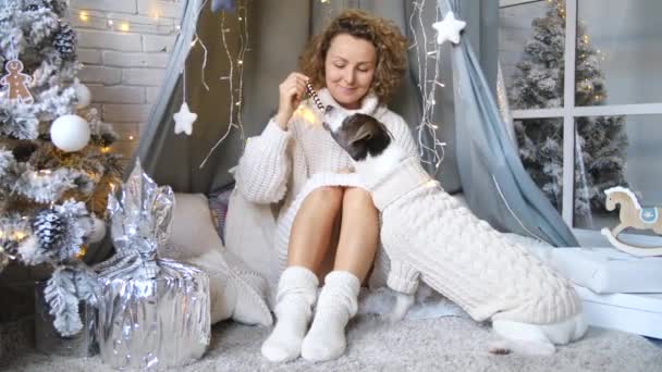 Cozy Holiday Christmas Season. Cheerful Woman Feeding Dog With Treat. — Stock Video