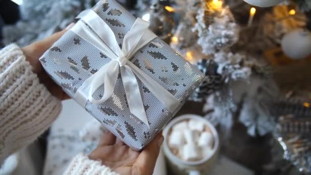 Mujer manos sosteniendo caja de regalo delante del árbol de Navidad — Vídeo de stock