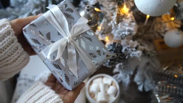 Cadeaus geven met Kerstmis, Feest, Winter Holiday Season Concept. — Stockvideo