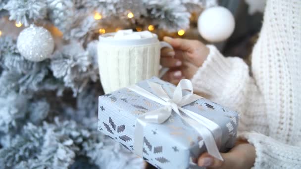 Navidad. Primer plano de las manos femeninas sostiene regalo de Navidad y taza de chocolate caliente . — Vídeo de stock