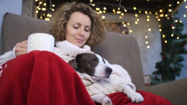 Mladá žena sedí na židli se psem na Štědrý večer v útulný domov. — Stock video
