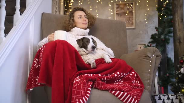 Świąteczna koncepcja. Młoda kobieta odpoczywająca w fotelu z psem w domu. — Wideo stockowe