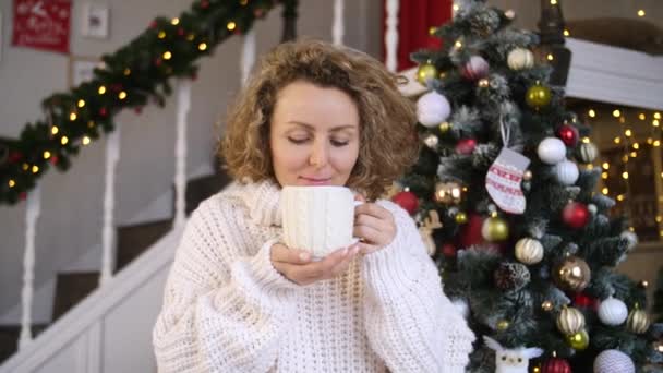 Natale, Vacanze E Persone Concetto - Felice Giovane Donna Con Coppa di Cioccolata Calda A Casa . — Video Stock