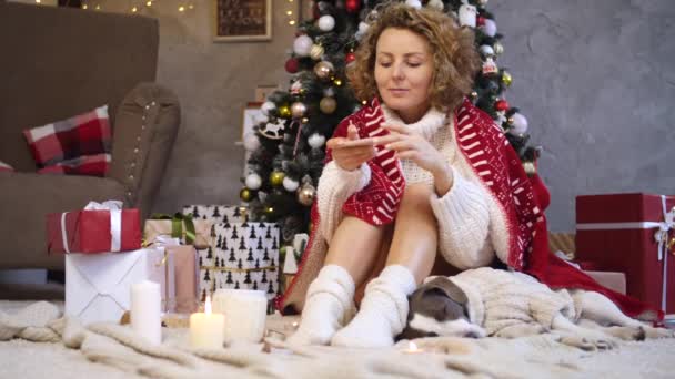 Jovem mulher tomando fotos de Natal na moda usando Smartphone com cão em casa . — Vídeo de Stock