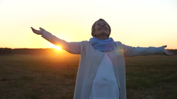 Radosna starsza kobieta z ramionami wyciągniętymi do zachodu słońca niebo stojące na polu — Wideo stockowe