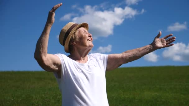 Glad äldre kvinna med utsträckta armar på ängen — Stockvideo
