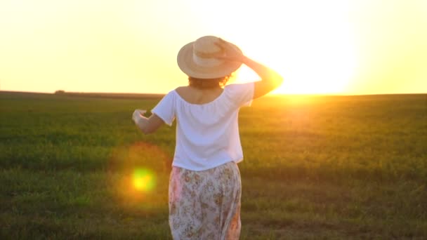 Unbekümmerte junge Frau läuft bei Sonnenuntergang in Feld — Stockvideo