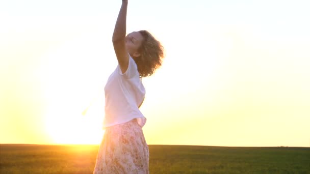 Beautiful Young Woman Relaxing In Field At Sunset — Stock Video