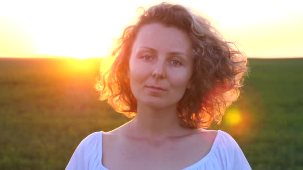 Portrait Of Beautiful Blonde Woman In Wheat Field At Sunset — Stock Video