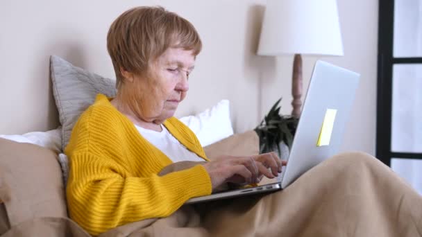 Senior mulher usando laptop sentado na cama — Vídeo de Stock