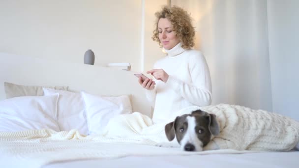 若い女性は居心地の良いセーターで犬とベッドの上で携帯電話でチャット. — ストック動画