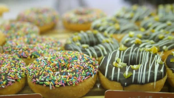 Donuts polvilhados fosco de vidro sortido — Vídeo de Stock