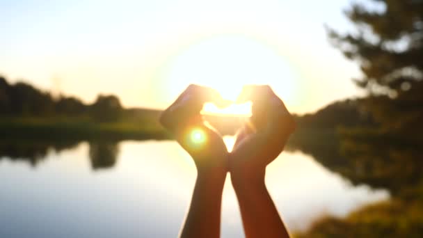 Mãos formando uma forma de coração ao pôr do sol na natureza — Vídeo de Stock