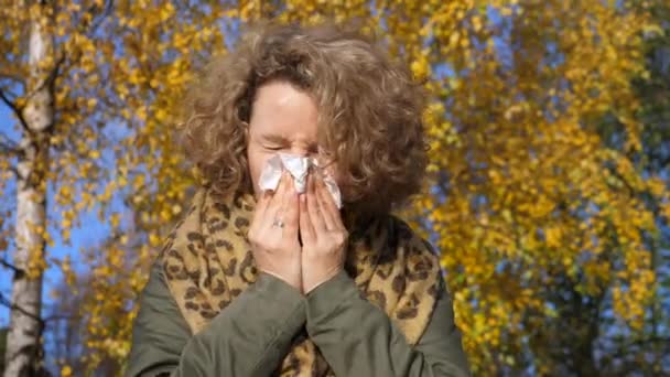 Sick Young Woman Sneezing Outdoors. Disease, Illness, Sickness And Health Concept. — Stock Video