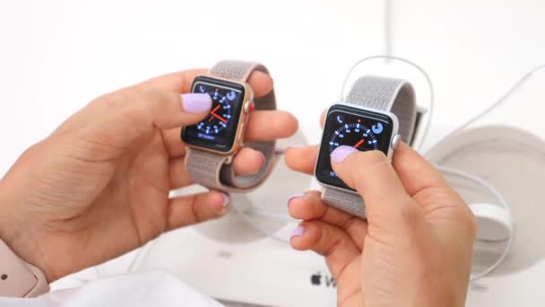 Close-Up Of Woman Hands Using Smartwatch In Store. — Stock Video