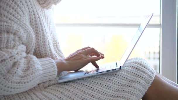 Fechar as mãos femininas usando o computador portátil em casa pela janela — Vídeo de Stock