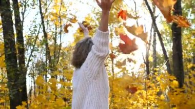 Heyecanlı Genç Kadın Sonbahar Yapraklarını Park 'a Koyuyor