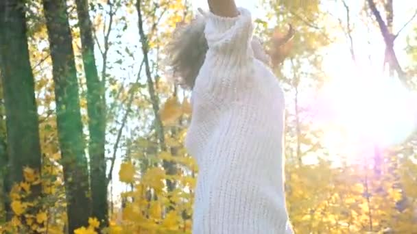 Vrouw met opgeheven armen Genieten van herfst werpen bladeren. Gelukkig levensstijl concept. — Stockvideo