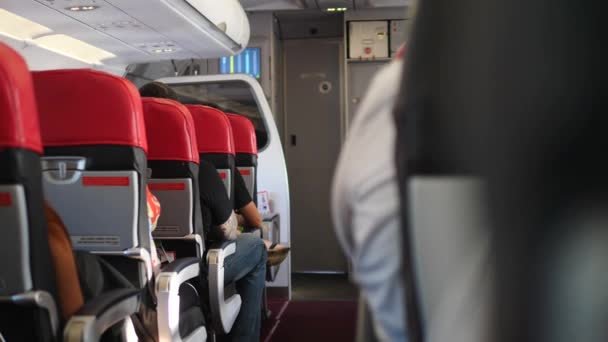 Interieur van het vliegtuig met passagiers op zitplaatsen — Stockvideo