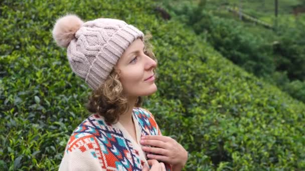 Młoda kobieta podróżnik w dzianiny ubrania korzystające z plantacji herbaty na zielonych wzgórzach — Wideo stockowe