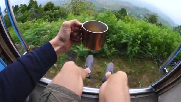 Путешественник путешествует на поезде с чашкой чая наслаждаясь живописным видом на природу — стоковое видео