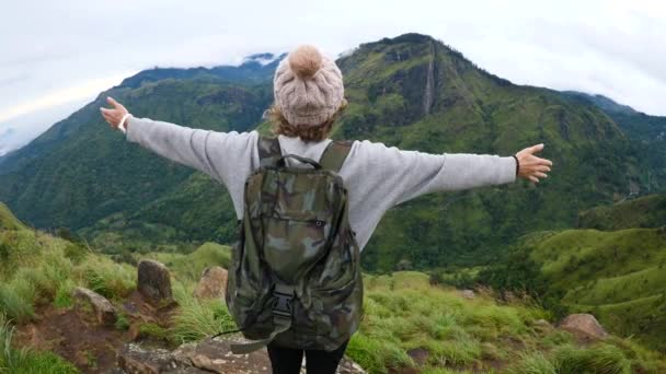 건강 한 생활 방식의 여행 개념. 산위에서 팔을 들고 있는 암컷등 산객 — 비디오
