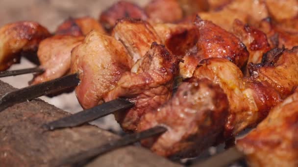 Shashlik tradicional russo em um espeto de churrasco. Fechar. . — Vídeo de Stock