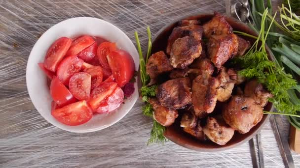 Viande grillée rôtie ou kebab avec des légumes sur pique-nique en été — Video