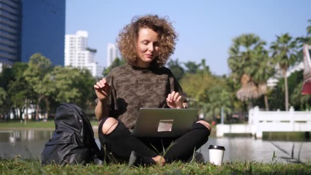 Donna felice che lavora sul computer portatile nel parco — Video Stock