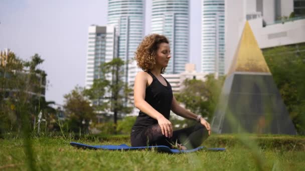Junge Yogi-Frau praktiziert Yoga und meditiert im Park — Stockvideo
