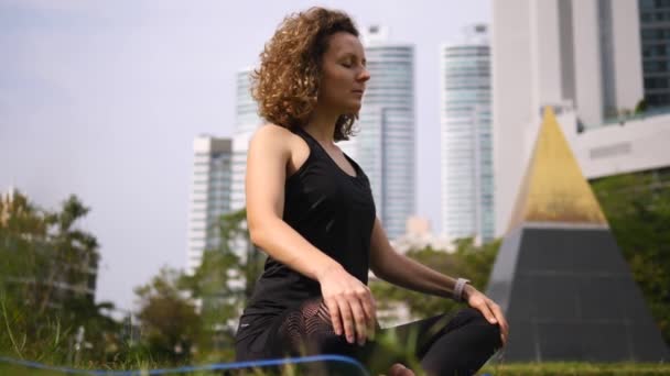 Joven mujer haciendo yoga y meditación en el parque — Vídeos de Stock