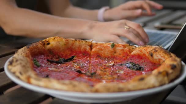 Woman Hands Using Laptop And Having Dinner Eating Pizza — Stock Video