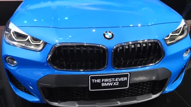 Closeup Of BMW X2 Car Front At Motor Show. Bangkok, Thailand - April 08, 2018. — Stock Video