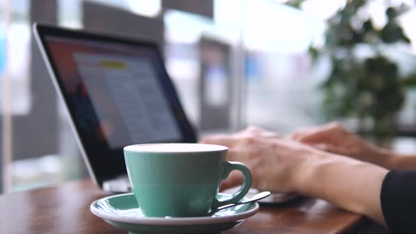 Primer plano de una mujer manos trabajando con el ordenador portátil en la cafetería — Vídeos de Stock