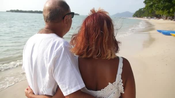 Pareja mayor caminando en la playa en vacaciones de verano — Vídeo de stock