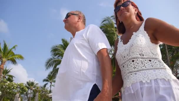 Pareja mayor de mediana edad sosteniendo las manos caminando en la playa tropical — Vídeos de Stock