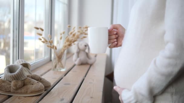 Έγκυος γυναίκα κρατώντας Κύπελλο του τσαγιού και αγγίζοντας την κοιλιά της στο σπίτι. — Αρχείο Βίντεο