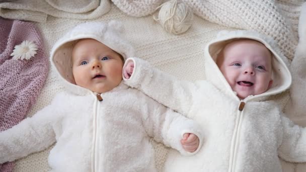 Vue du dessus de joyeux bébés gais allongés sur le lit . — Video