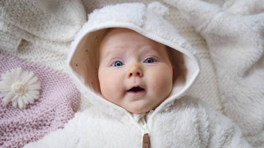 Evde örgü örülmüş battaniyeye uzanmış tatlı bir kız. 4 aylık Bebek Portresi.