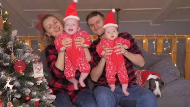 Happy Family Of Four Persons And Dog Smiling And Celebrating Christmas. — Stock video