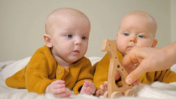 Baby tvillingar ligger på mage och leka med trä Eco Toy. — Stockfoto