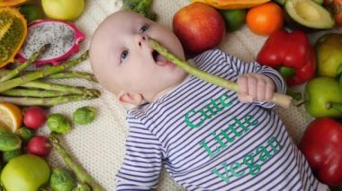 Cute Little Vegan Baby Eating Organic Fresh Asparagus Vegetable.
