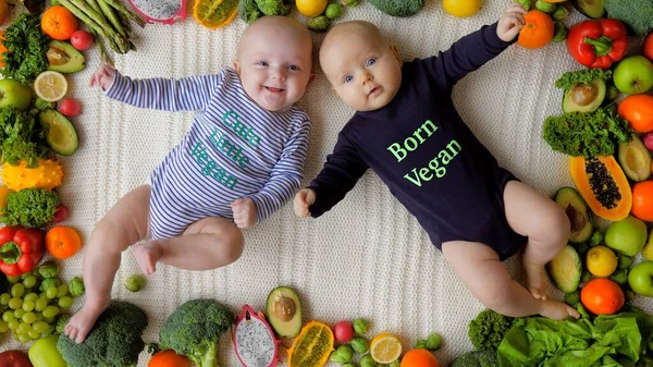 Bebés sanos nacidos veganos acostados juntos en verduras y frutas frescas orgánicas . — Foto de Stock