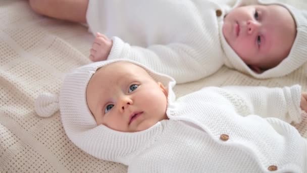 Schattige baby tweeling liggend samen op bed. — Stockvideo