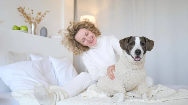 Evde köpeğiyle yatakta oturan gülümseyen genç kadın.. — Stok fotoğraf