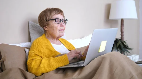 Modern Elderly Woman Using Laptop Wearing Glasses At Home In Bed.